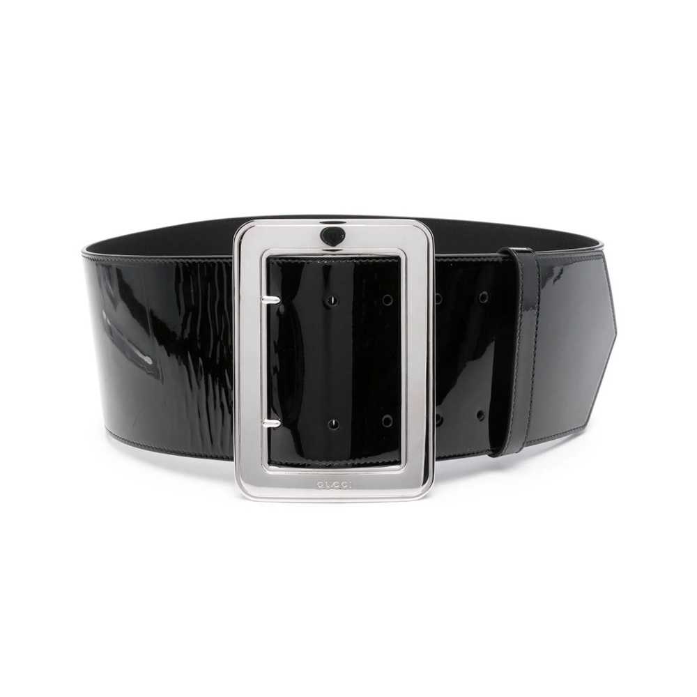Authentic Gucci logo engraved Black Patent Leather Belt with Silver Buckle
